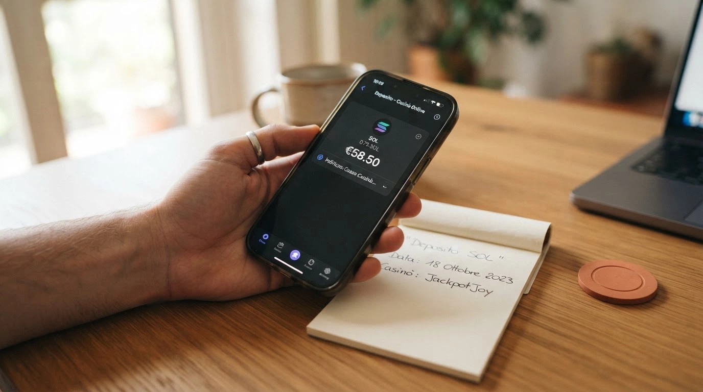 Schermata di un wallet Solana con transazione di deposito verso un indirizzo di casinò e cronologia delle operazioni