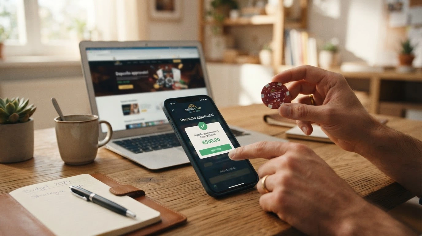Una mano che inserisce una carta Visa nel lettore di un computer portatile, con l'interfaccia di un casinò online sullo schermo e la notifica «Deposito approvato» visibile
