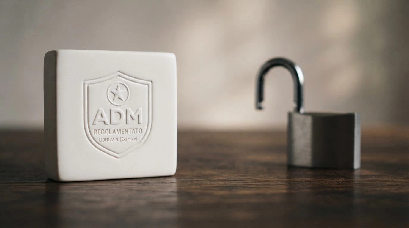 Un confronto visivo tra il logo ufficiale dell'ADM (Agenzia delle Dogane e dei Monopoli) e il simbolo di un lucchetto aperto, per rappresentare la differenza tra operatori autorizzati e non