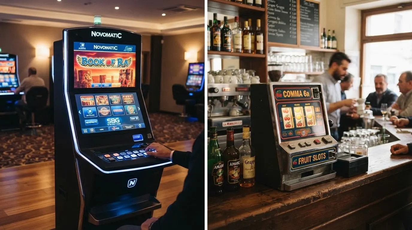 Due apparecchi da gioco affiancati in contesti diversi: un terminale VLT in una sala dedicata e una AWP accesa sul bancone di un bar italiano