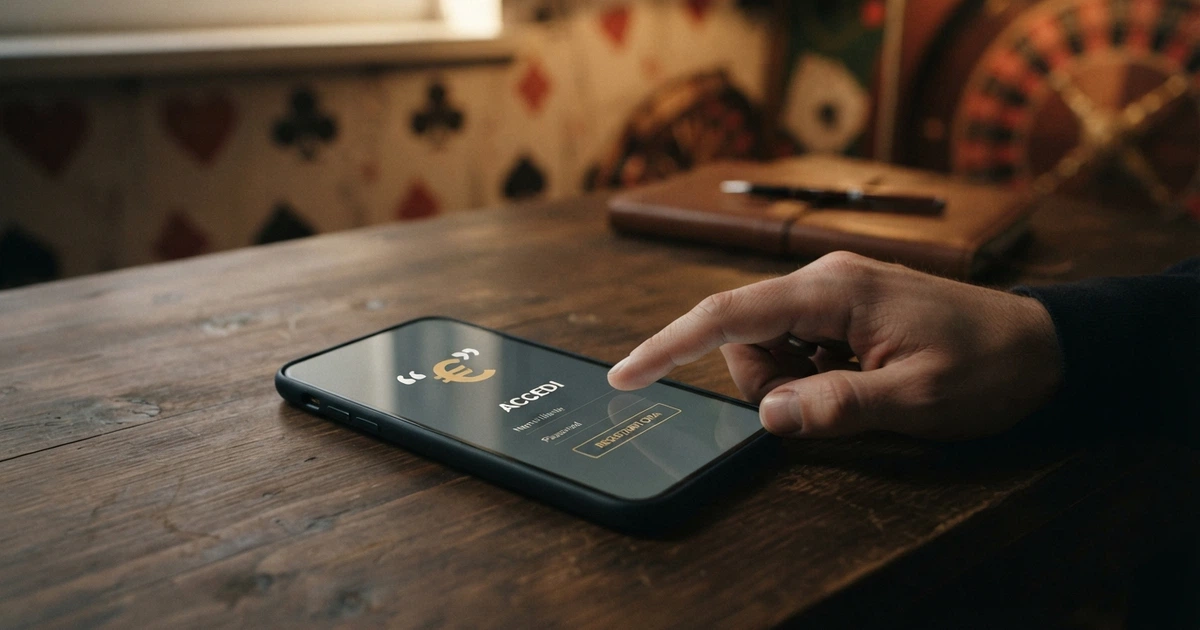 Un primo piano di una schermata di registrazione su un casinò online con il simbolo di un lucchetto aperto accanto al logo ADM barrato, su sfondo scuro