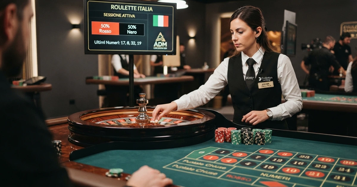 Un tavolo da roulette live Evolution Gaming con croupier in primo piano, monitor che mostra le statistiche di gioco e l'interfaccia di puntata su schermo