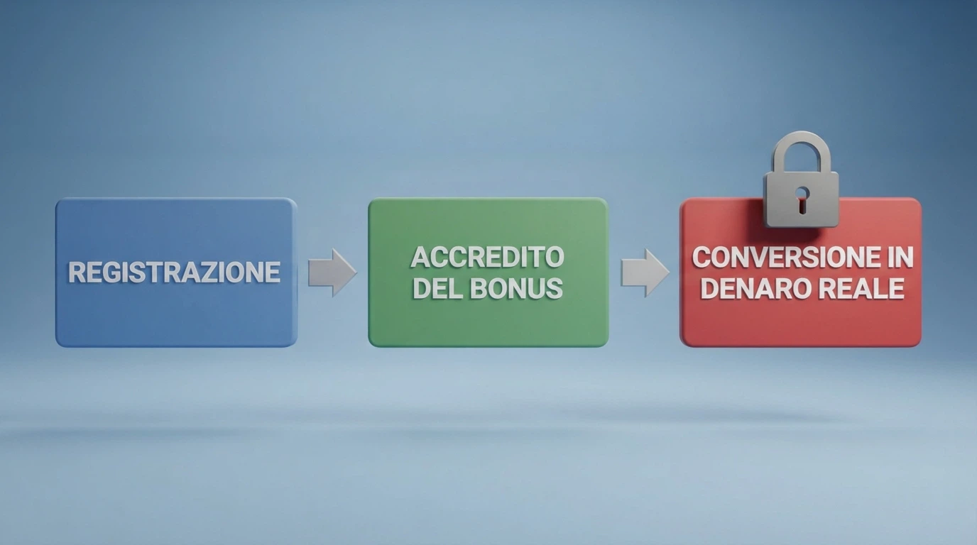 Un diagramma a tre passaggi: registrazione, accredito del bonus, conversione in denaro reale — con un lucchetto sull'ultimo passaggio