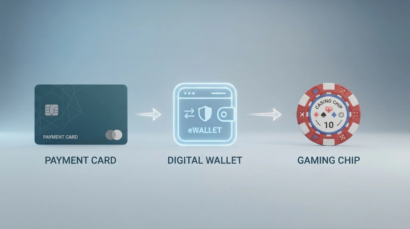 Diagramma che mostra il percorso del denaro: carta American Express → portafoglio elettronico (Skrill/PayPal) → conto di gioco del casinò, con frecce e tempistiche per ogni passaggio.
