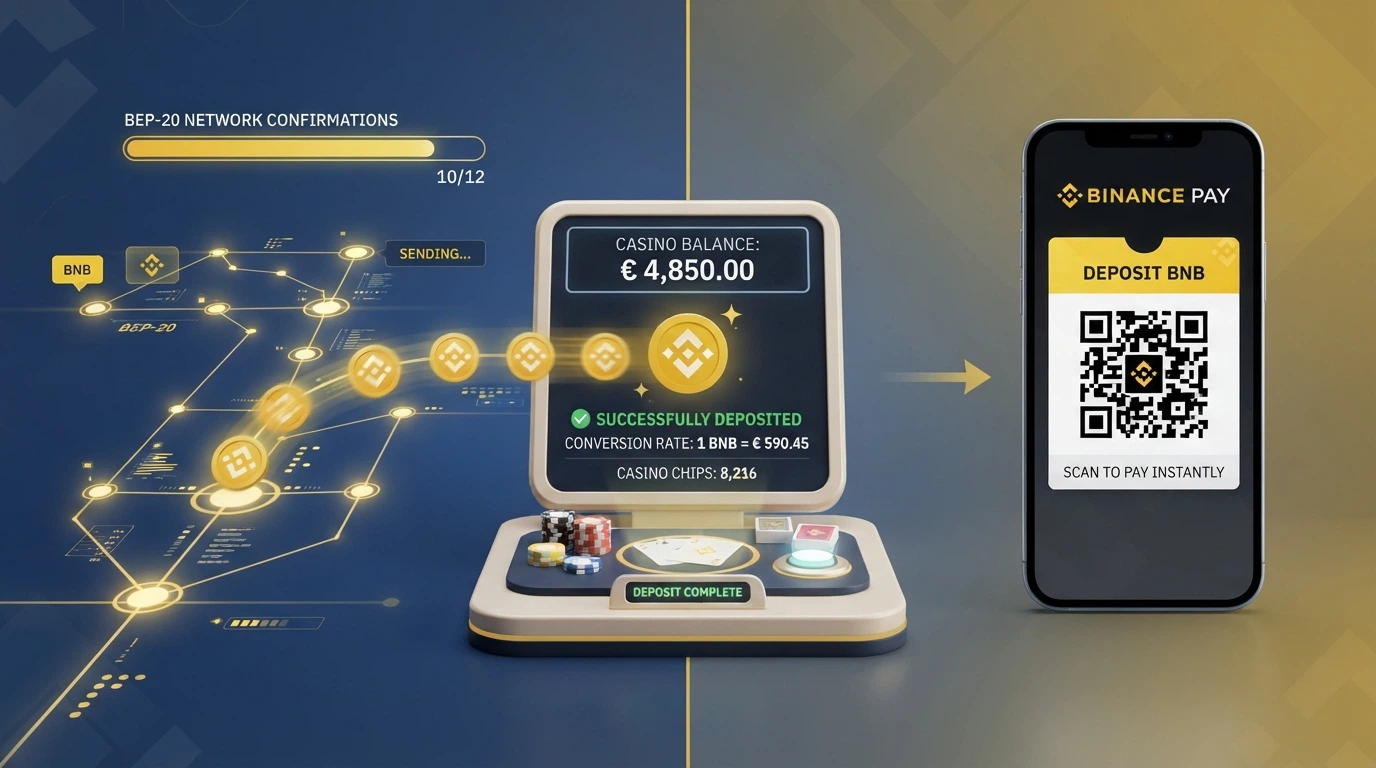 Schema visivo che mostra i due percorsi di deposito: da un lato il trasferimento on-chain BEP-20 con le conferme, dall’altro Binance Pay con il QR code, entrambi verso la cassa del casinò