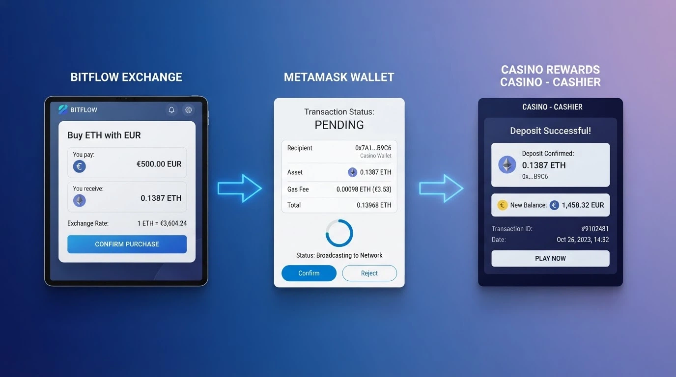 Schema semplificato del percorso di un deposito in Ethereum: exchange, wallet personale, transazione on-chain, accredito sul conto di gioco
