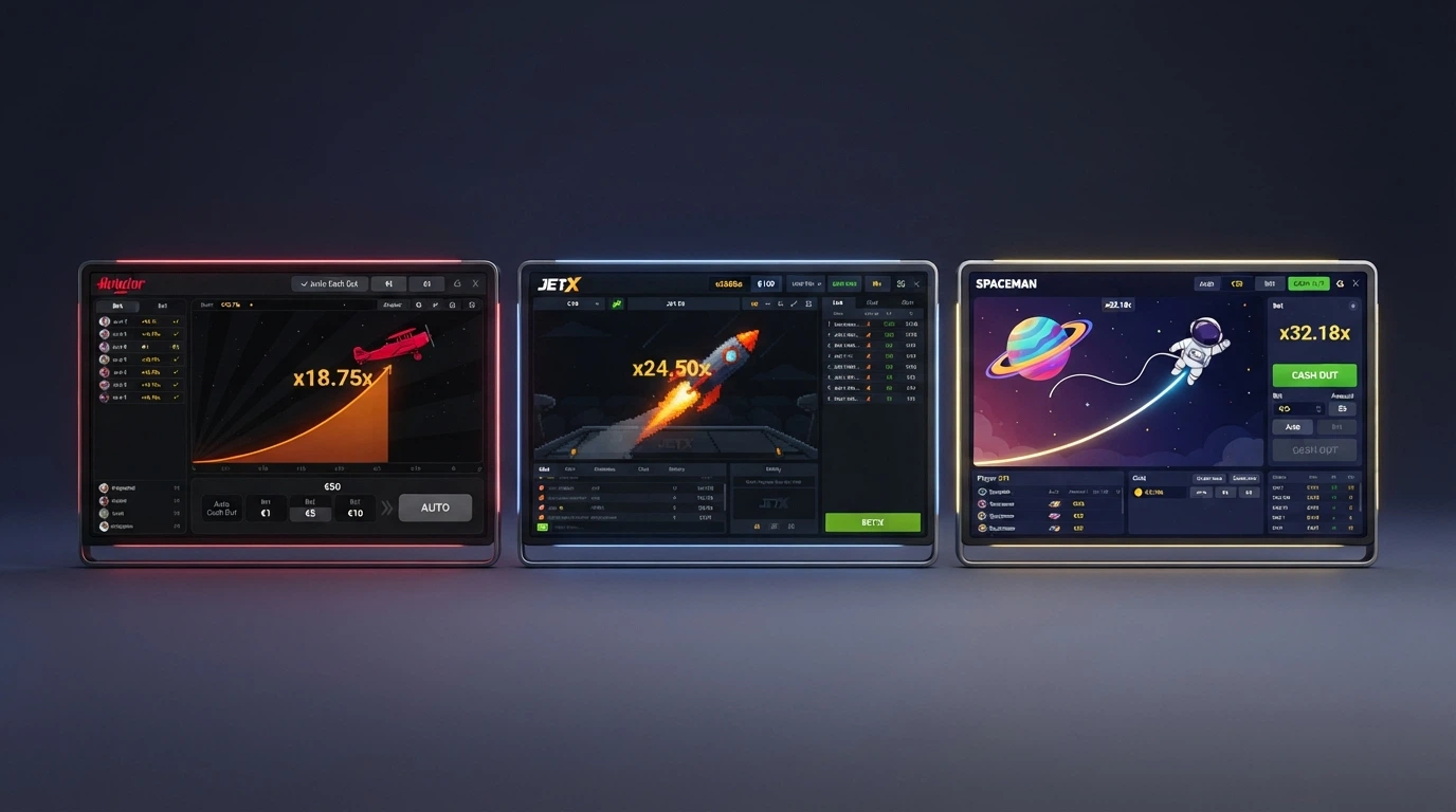 Schermate affiancate di Aviator, JetX e Spaceman con i rispettivi moltiplicatori in crescita