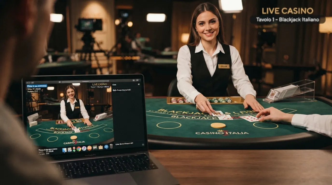 Tavolo di blackjack live con dealer in italiano su piattaforma con licenza ADM, interfaccia di gioco Microgaming