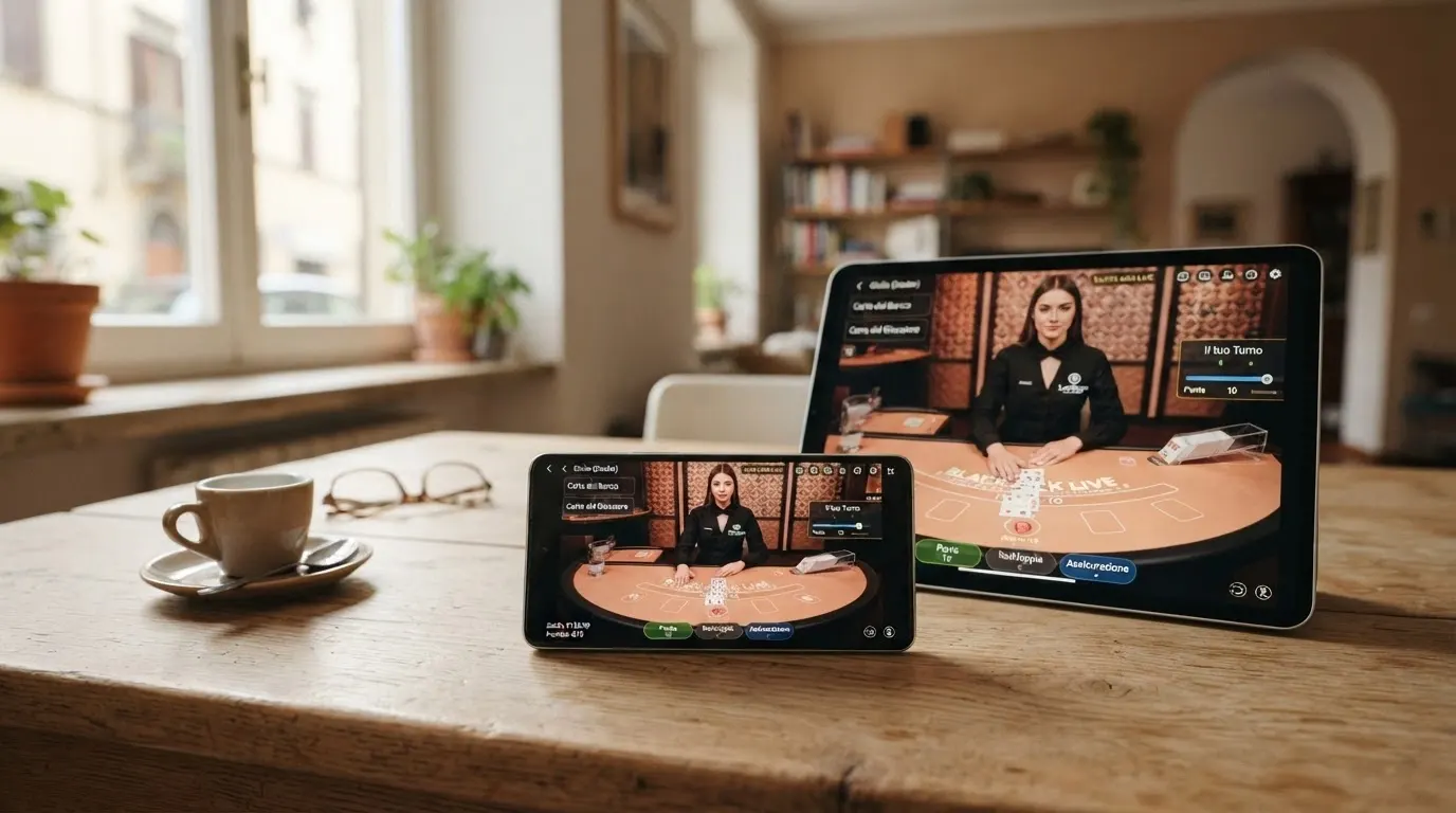 Uno smartphone che mostra l'interfaccia dell'app GiocoDigitale Casinò con un tavolo di blackjack live in primo piano, accanto a un tablet con la stessa schermata