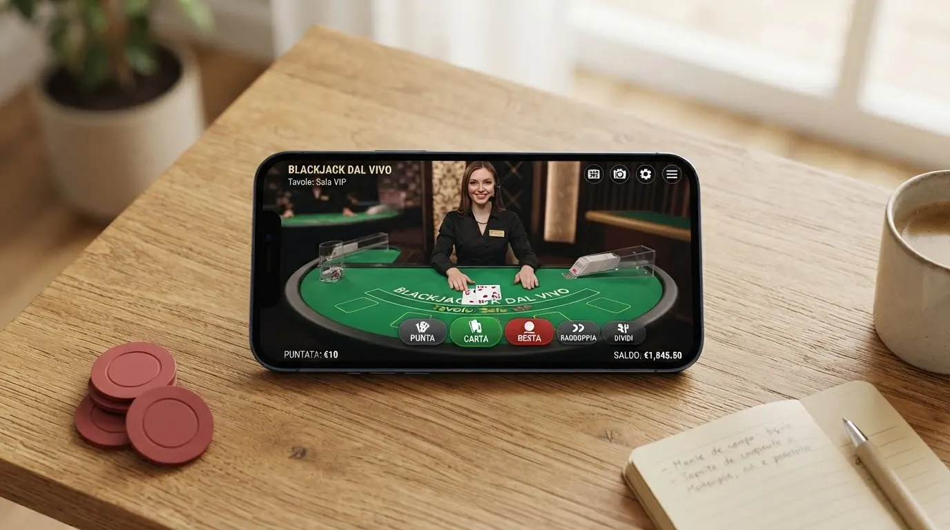 Uno smartphone in orientamento verticale mostra l'interfaccia touch di un tavolo da blackjack live, con le chip di puntata in basso e il croupier visibile nella metà superiore dello schermo.