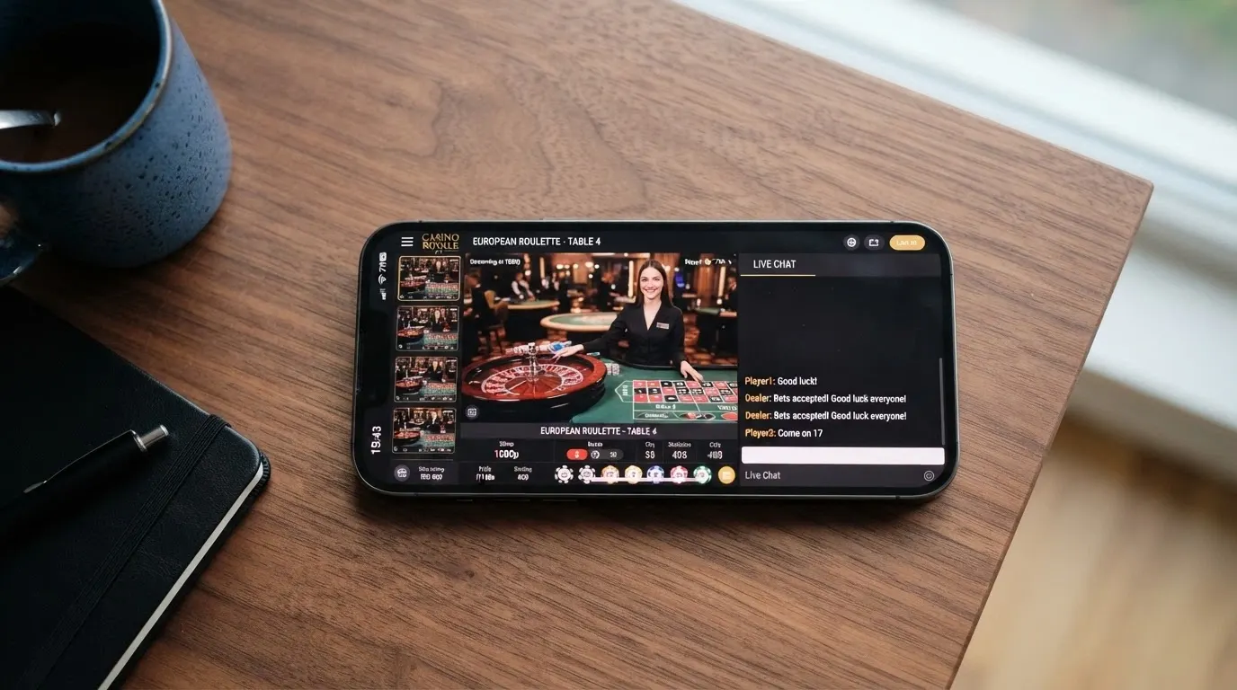 Schermata di uno smartphone che mostra la lobby di un casinò live con anteprime dei tavoli attivi e streaming in corso