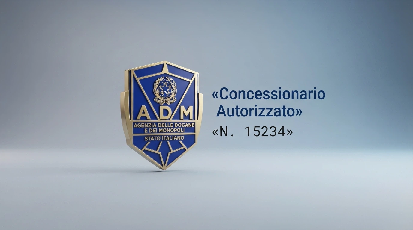 Il logo ufficiale dell'Agenzia delle Dogane e dei Monopoli accanto alla dicitura «Concessionario Autorizzato» su una schermata di verifica online, con il numero di concessione in evidenza.