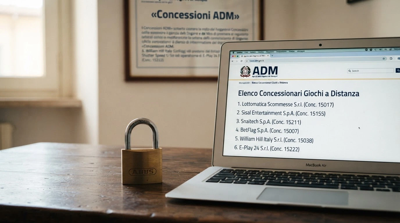 Il logo ADM accanto a un lucchetto aperto e alla scritta «concessionario»; sullo sfondo una lista di domini bloccati