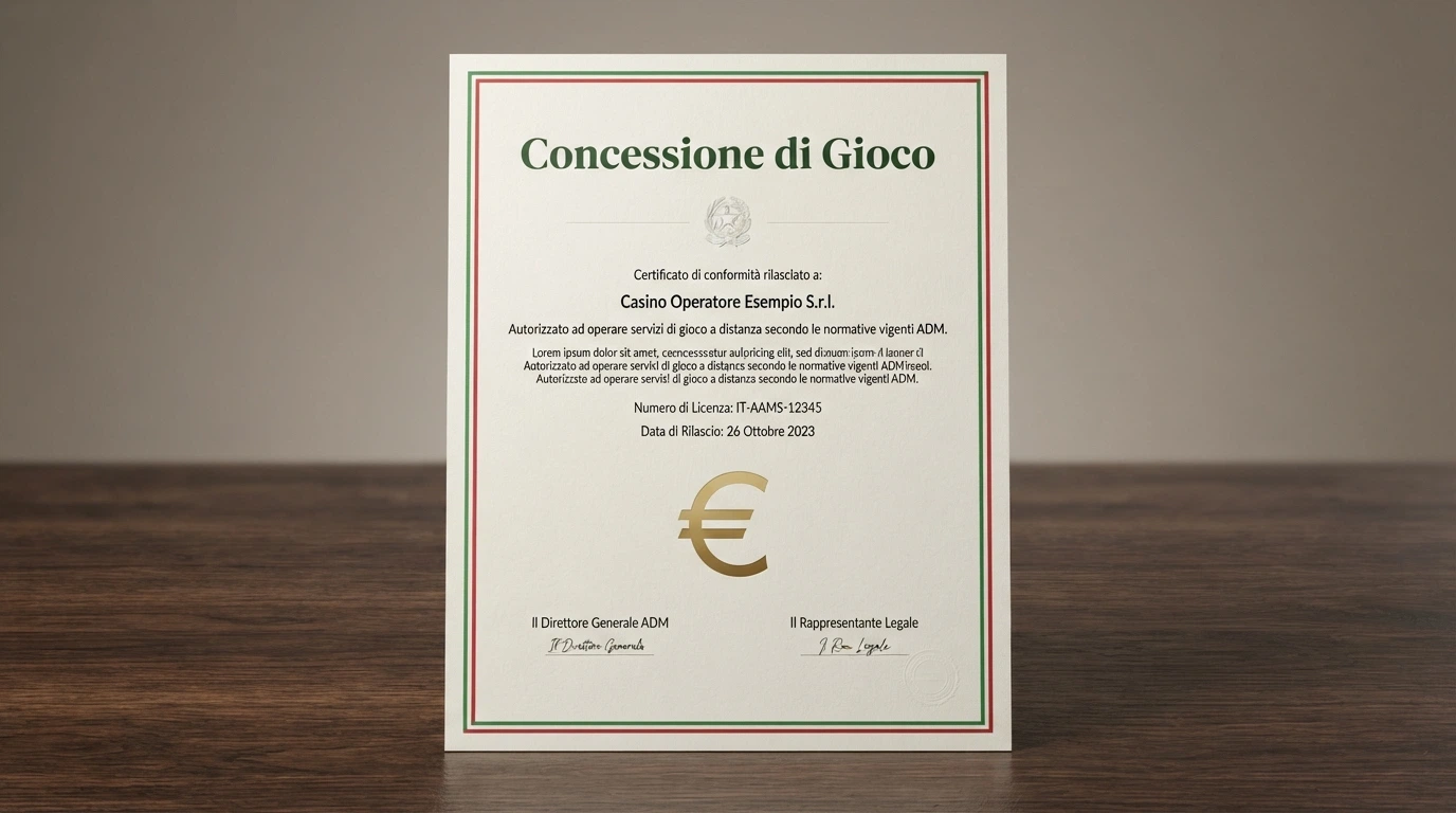 Il logo ufficiale dell'Agenzia delle Dogane e dei Monopoli accanto alla schermata di un casinò online autorizzato, con il numero di concessione in evidenza