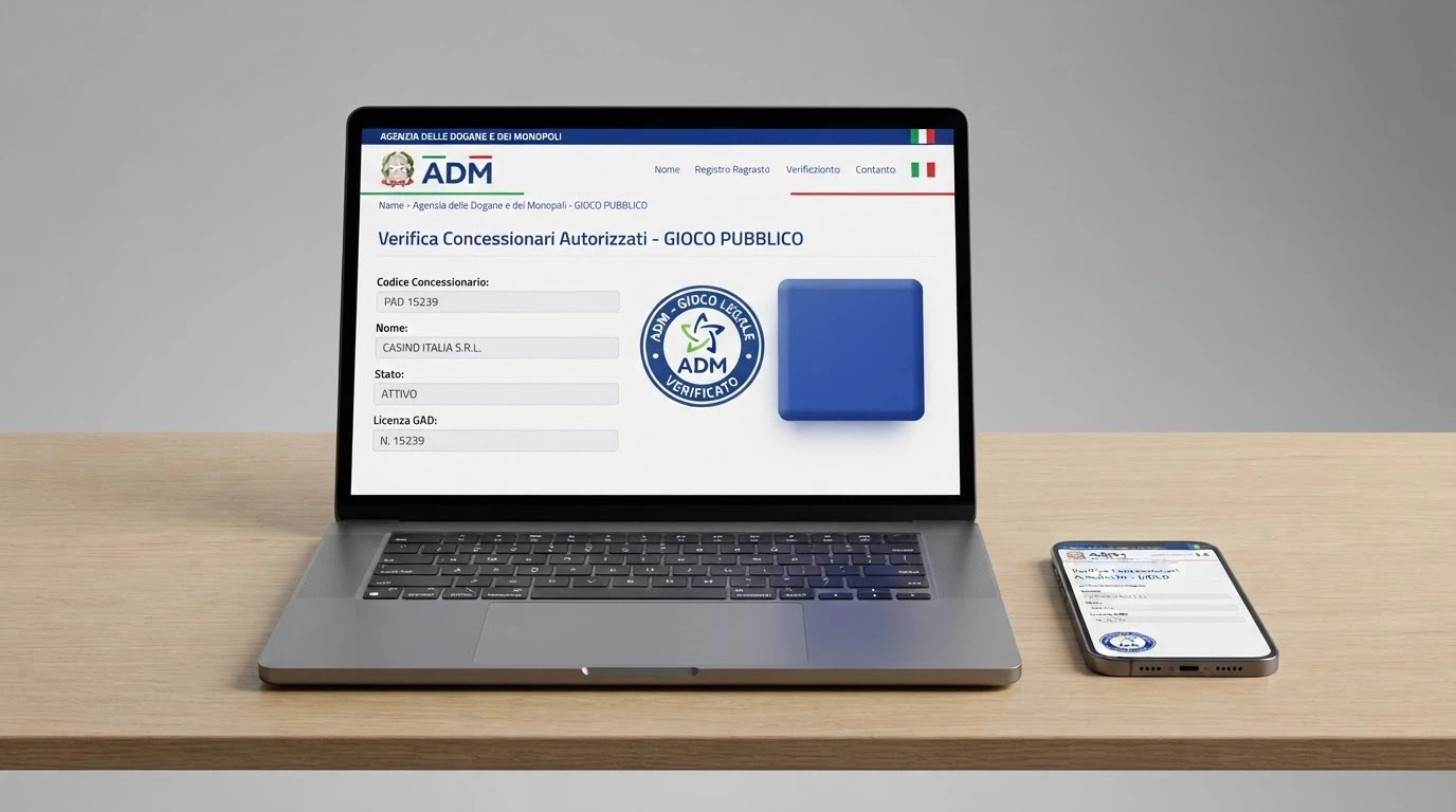 Una schermata del registro ADM pubblico con i campi di ricerca visibili e un badge di concessione valida affiancato al logo di un casinò autorizzato