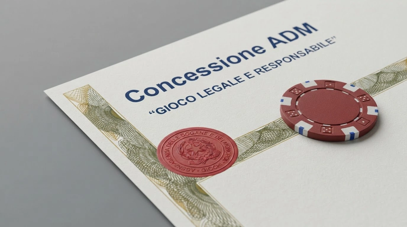 Il logo ufficiale dell'Agenzia delle Dogane e dei Monopoli accanto al numero di concessione esposto nel footer di un casinò online italiano