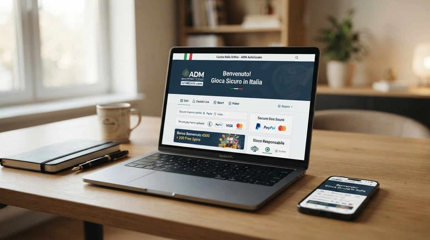 Il logo ufficiale dell'Agenzia delle Dogane e dei Monopoli accanto alla schermata di un casinò online con l'indicazione del numero di concessione visibile nel footer