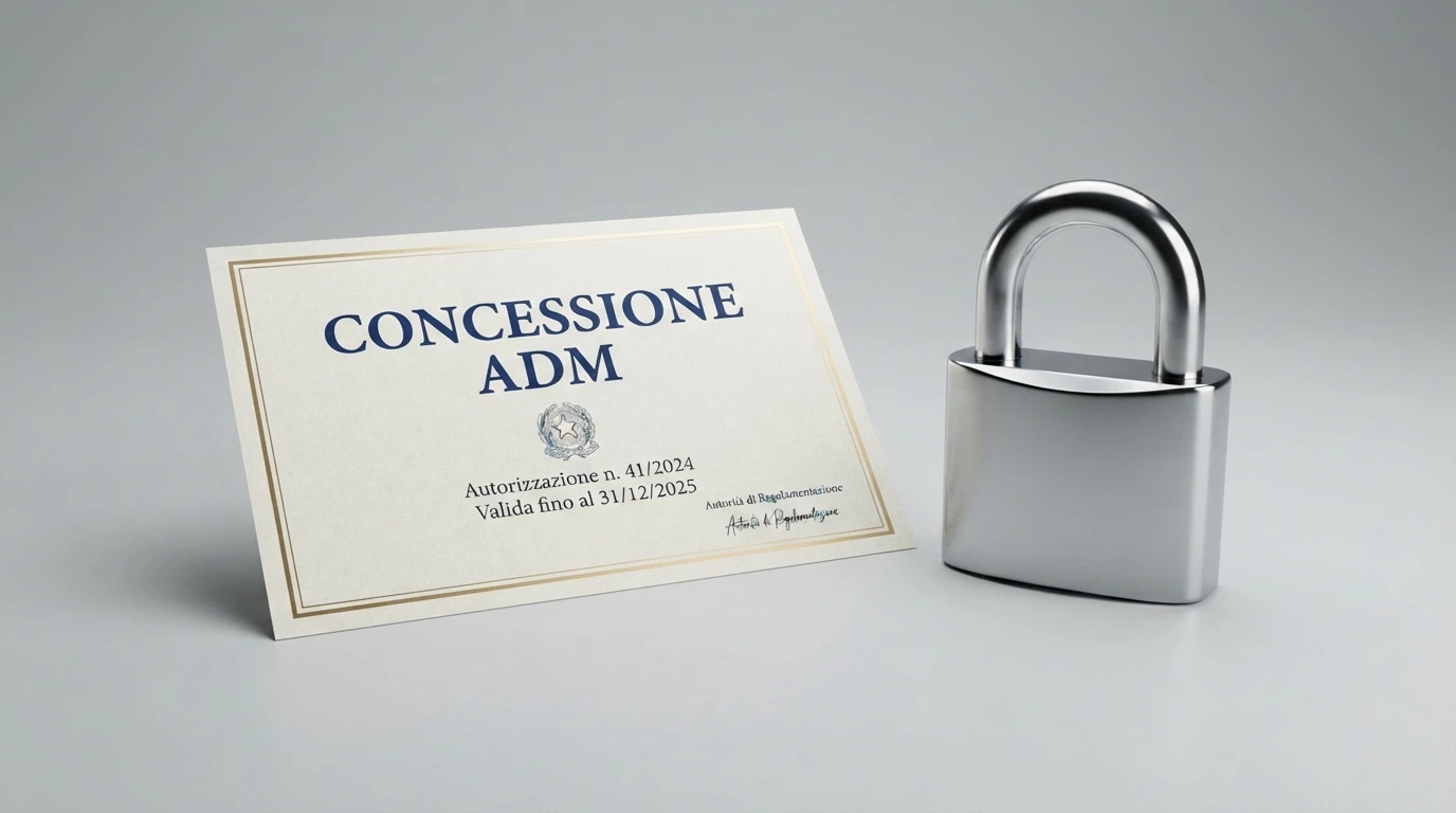 Il logo ufficiale dell'Agenzia delle Dogane e dei Monopoli accanto a un lucchetto verde e alla scritta «Concessionario ADM» su uno sfondo pulito e istituzionale