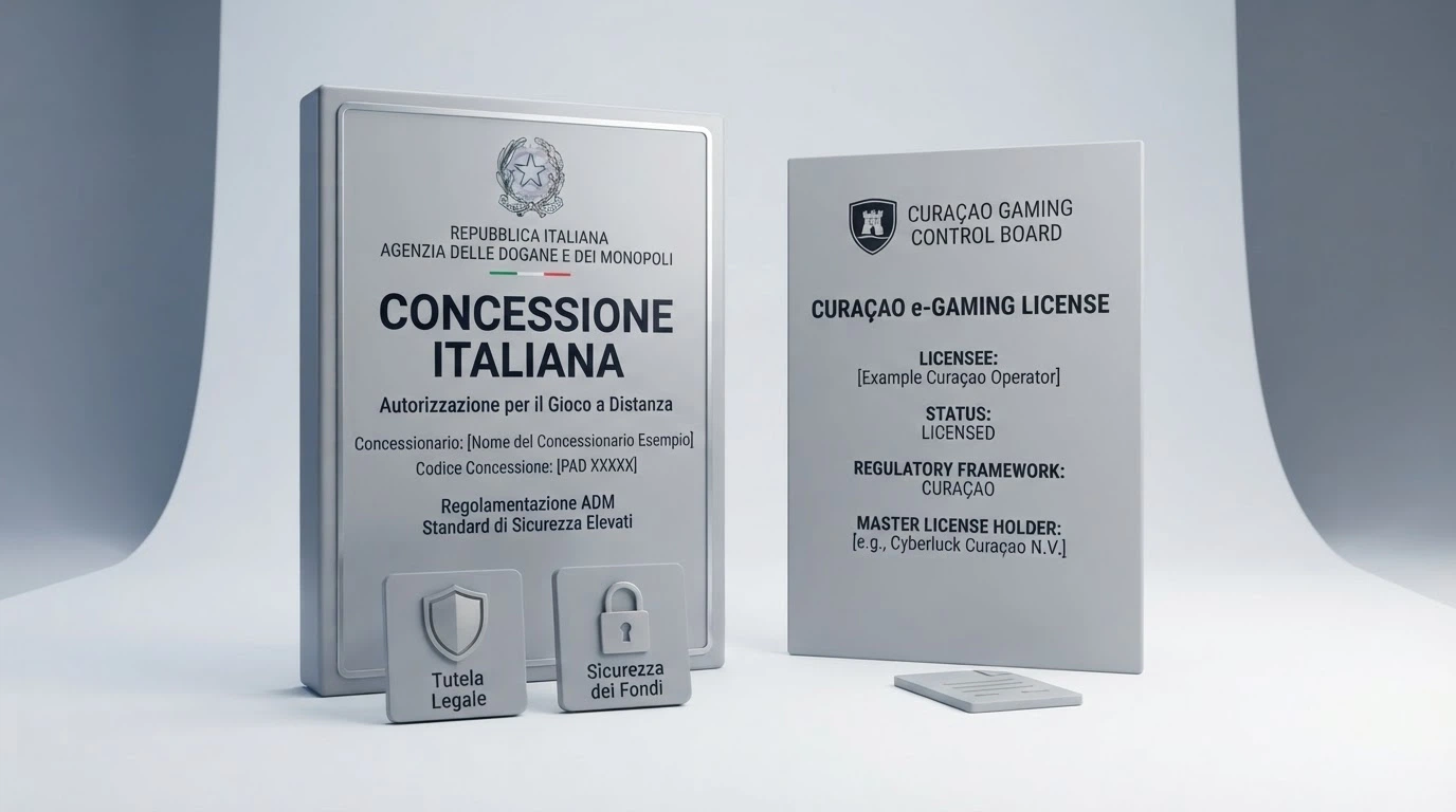 Un confronto visivo tra un certificato di concessione ADM e una licenza Curaçao, affiancati, con icone che rappresentano le tutele (scudo, lucchetto, documento) solo sul lato ADM