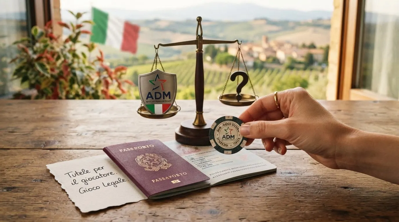 Un passaporto italiano aperto accanto allo scudo con il logo ADM e una bilancia a due piatti: su uno le tutele (RUA, limiti, Telefono Verde), sull’altro un punto interrogativo