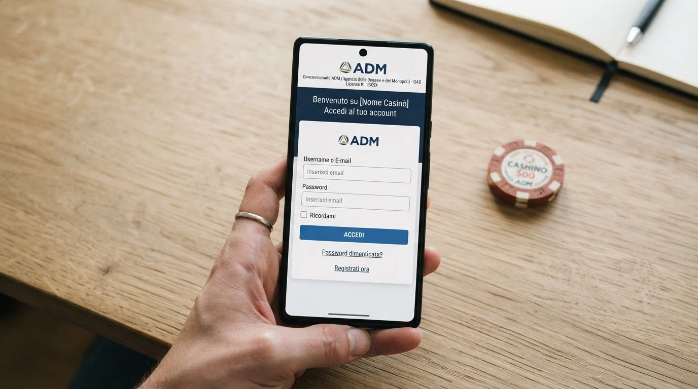 Primo piano dello schermo di uno smartphone che mostra il logo ADM e la dicitura «Concessionario ADM» nella schermata iniziale di un'app casinò autorizzata