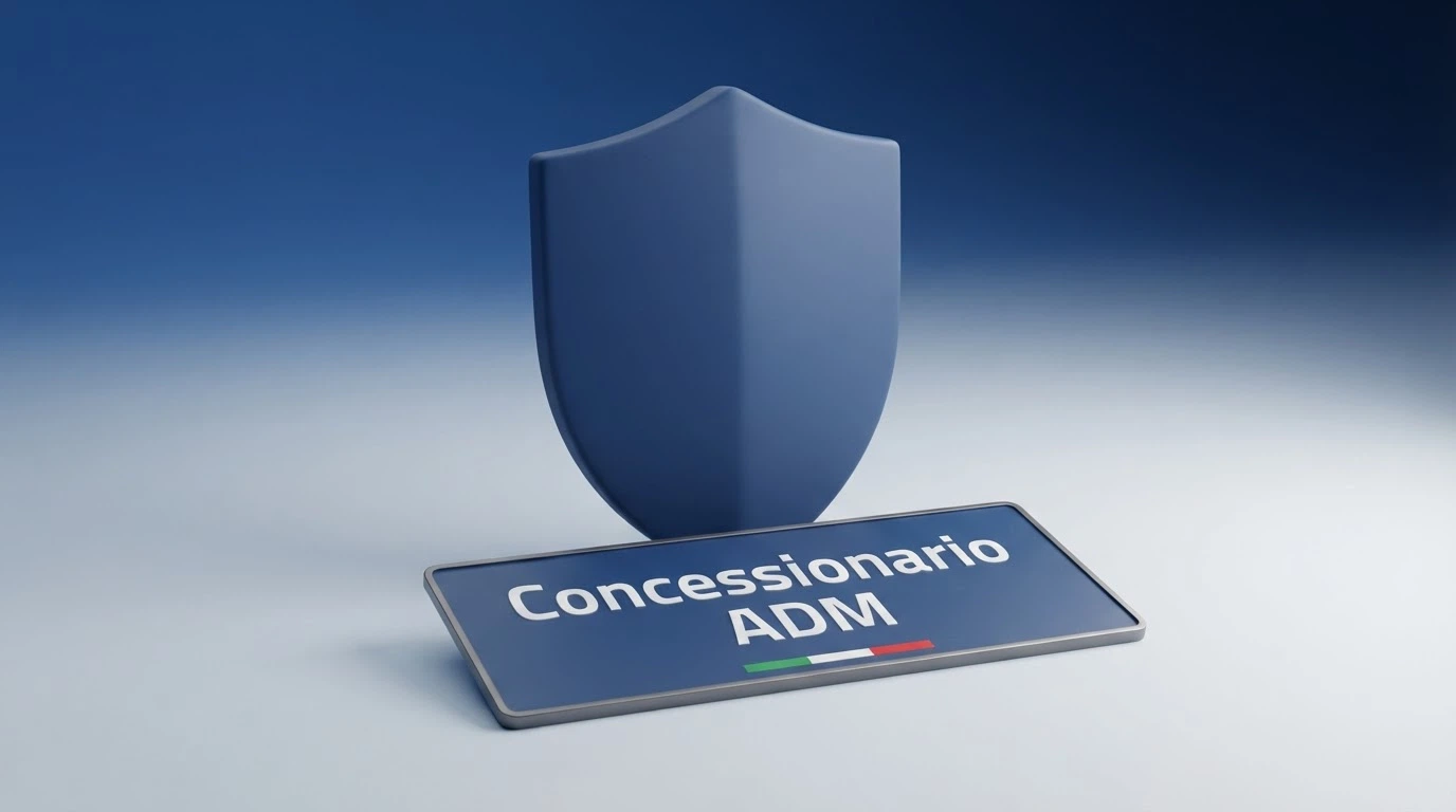 Il logo ufficiale dellAgenzia delle Dogane e dei Monopoli accanto alla dicitura Concessionario ADM su uno sfondo istituzionale pulito
