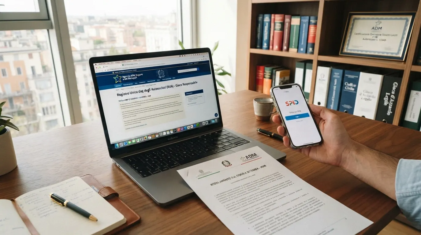 Documento ufficiale dell'Agenzia delle Dogane e dei Monopoli con timbro e testo normativo, affiancato dallo schermo di accesso al servizio RUA