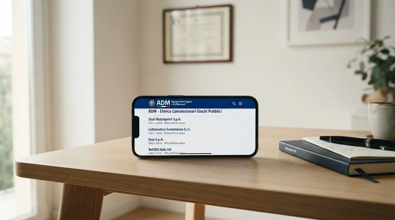Una schermata del sito ADM con il logo dell'Agenzia delle Dogane e dei Monopoli e un elenco di concessioni autorizzate, visualizzato su un telefono Android