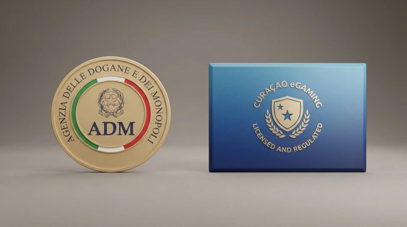 Due licenze affiancate a confronto: a sinistra il sigillo della concessione ADM con il tricolore italiano, a destra un certificato di licenza Curaçao eGaming con il logo dell'isola