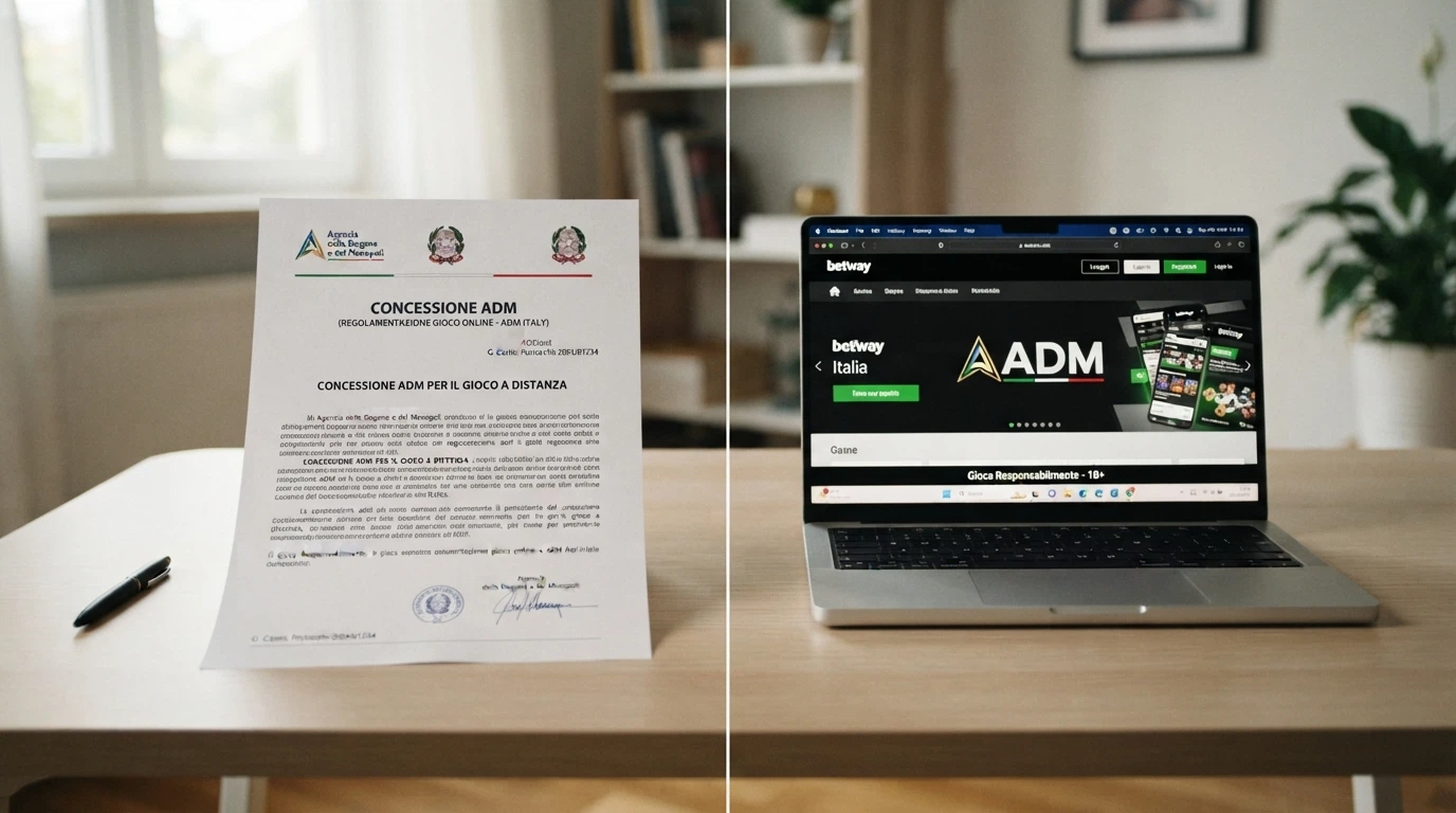 Un documento ufficiale con il logo ADM accanto allo schermo di un casinò online, con una linea di demarcazione visiva che separa le due aree