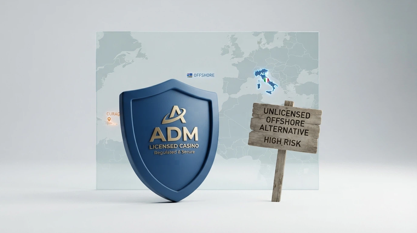 Il logo dell'Agenzia delle Dogane e dei Monopoli accanto a una mappa che mostra le giurisdizioni delle principali licenze internazionali (Curaçao, Malta)