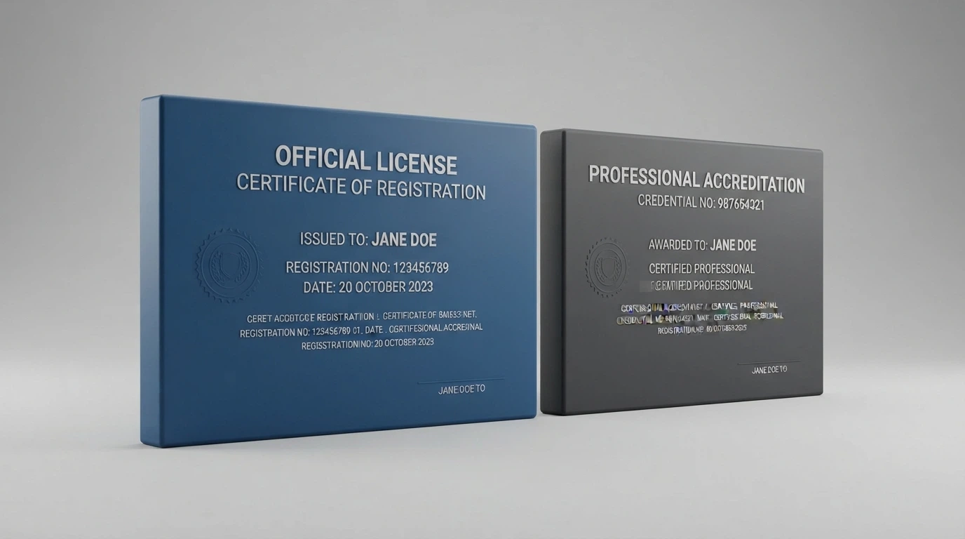 Un confronto visivo tra un certificato di licenza internazionale (Curaçao o Anjouan) e il logo ADM