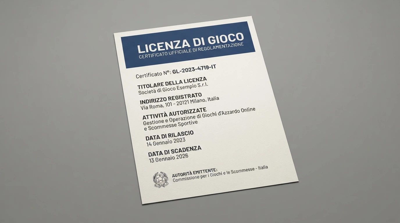 Primo piano del certificato di licenza Curaçao eGaming di un casinò online, con il logo del regolatore e il numero di licenza in evidenza