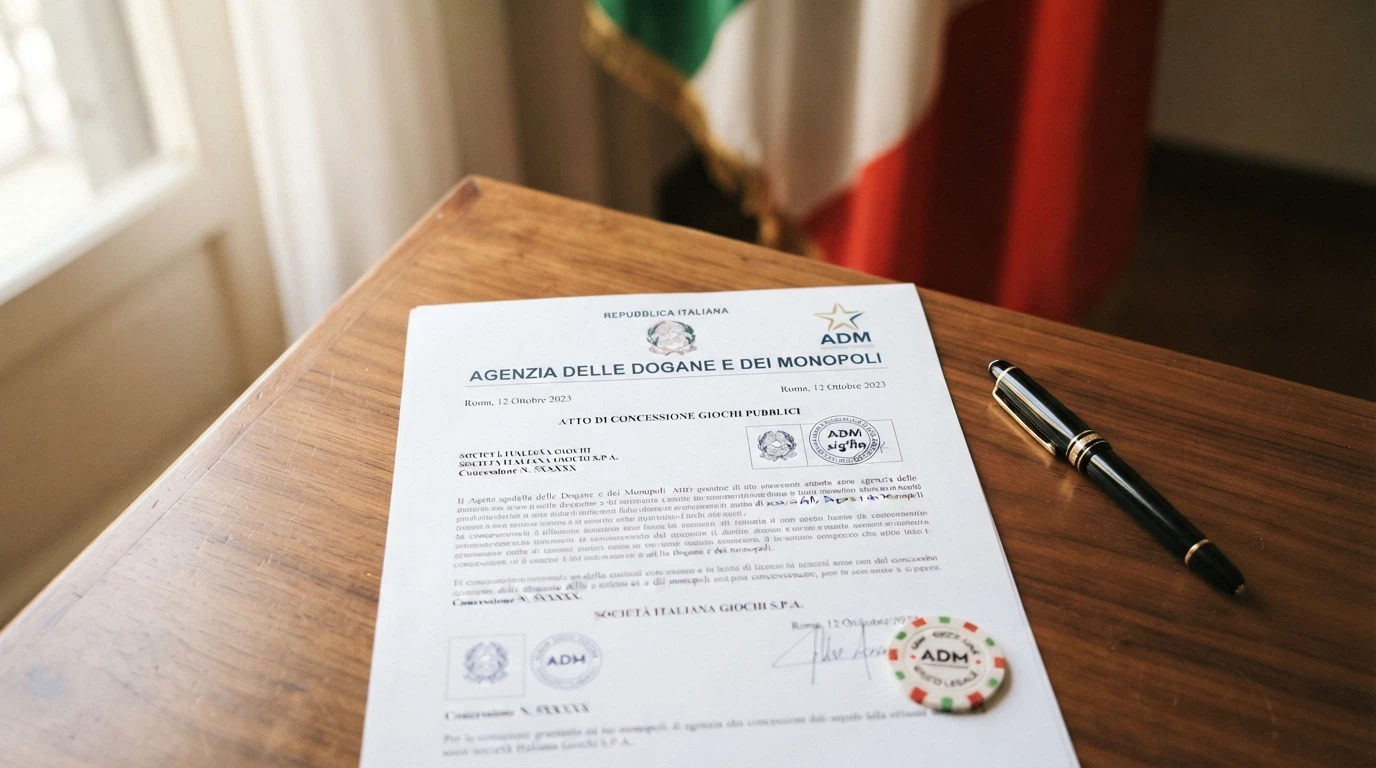 Il documento di una concessione ADM stilizzato in primo piano, con sullo sfondo la bandiera italiana e il logo dell'Agenzia delle Dogane e dei Monopoli