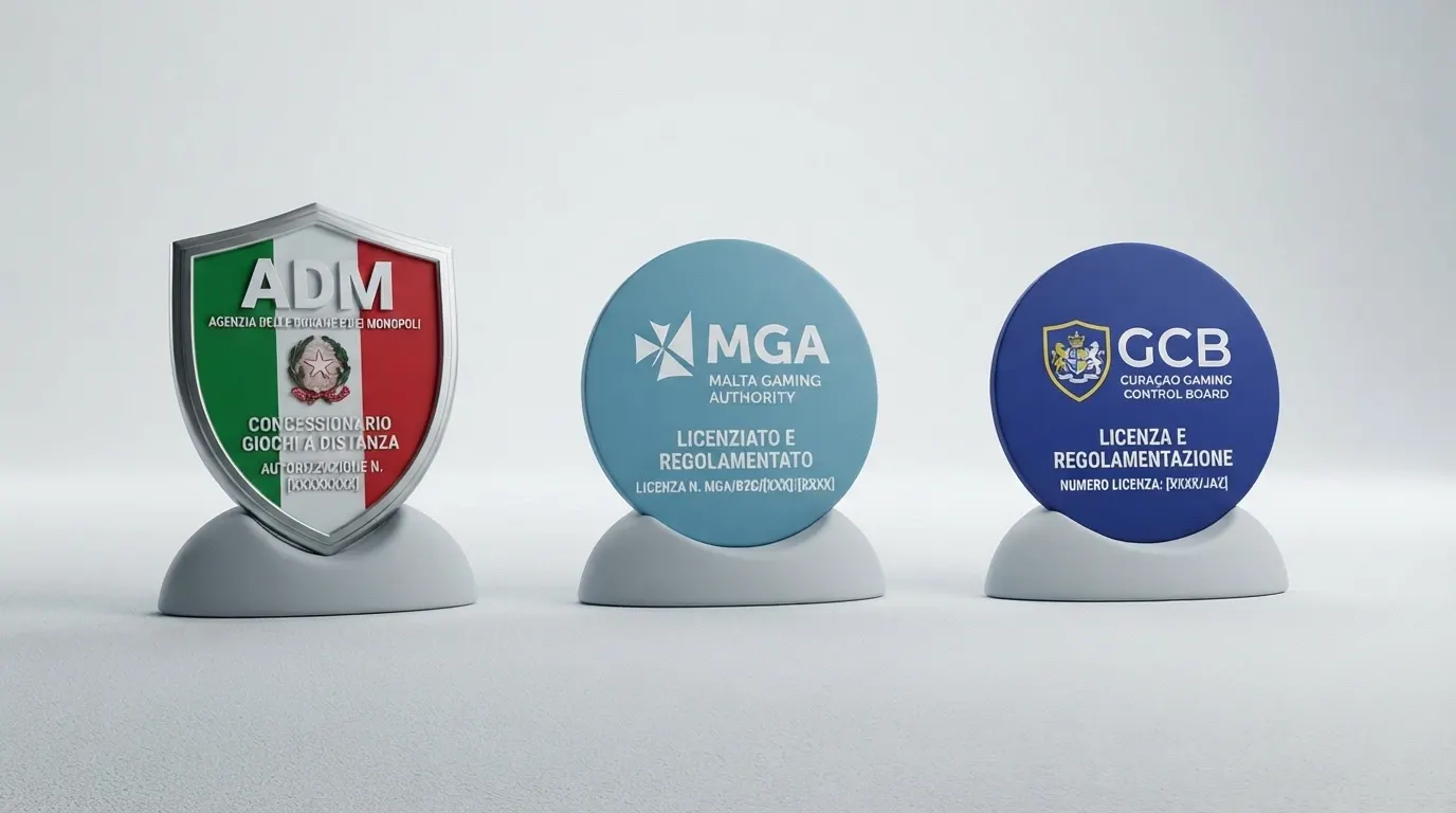 Un confronto visivo tra il logo ADM (Agenzia delle Dogane e dei Monopoli) e i loghi delle licenze offshore MGA e Curaçao, affiancati