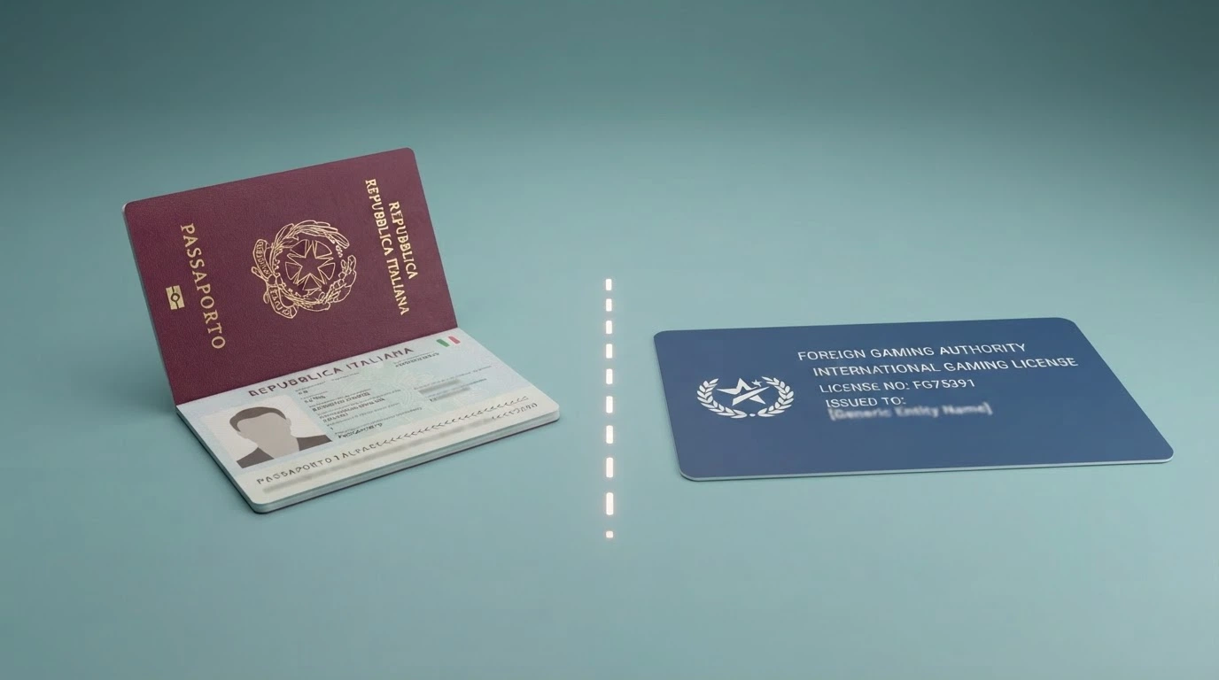 Un passaporto italiano accanto a un certificato di licenza estera (Curaçao, Malta), separati da una linea tratteggiata