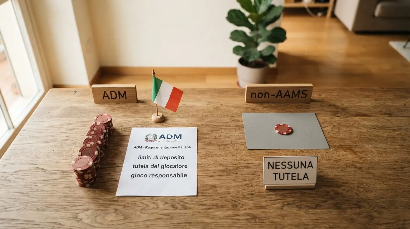 Un confronto visivo tra le tutele del sistema ADM (RUA, limiti di deposito, foro italiano) e quelle assenti nei casinò non AAMS, rappresentate come colonne affiancate con icone.