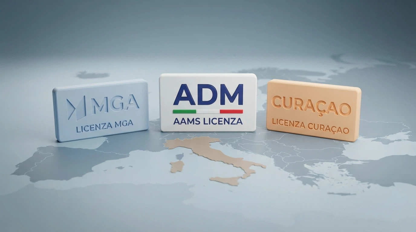 Un confronto visivo tra il logo ADM, il logo MGA e il logo Curaçao eGaming, con una mappa che indica quali giurisdizioni autorizzano l'offerta al giocatore italiano e quali no