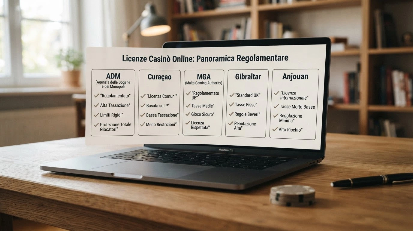 Schema comparativo dei regimi di licenza: concessione ADM, Curaçao, MGA, Gibraltar e Anjouan, con le tutele che ciascuno offre al giocatore