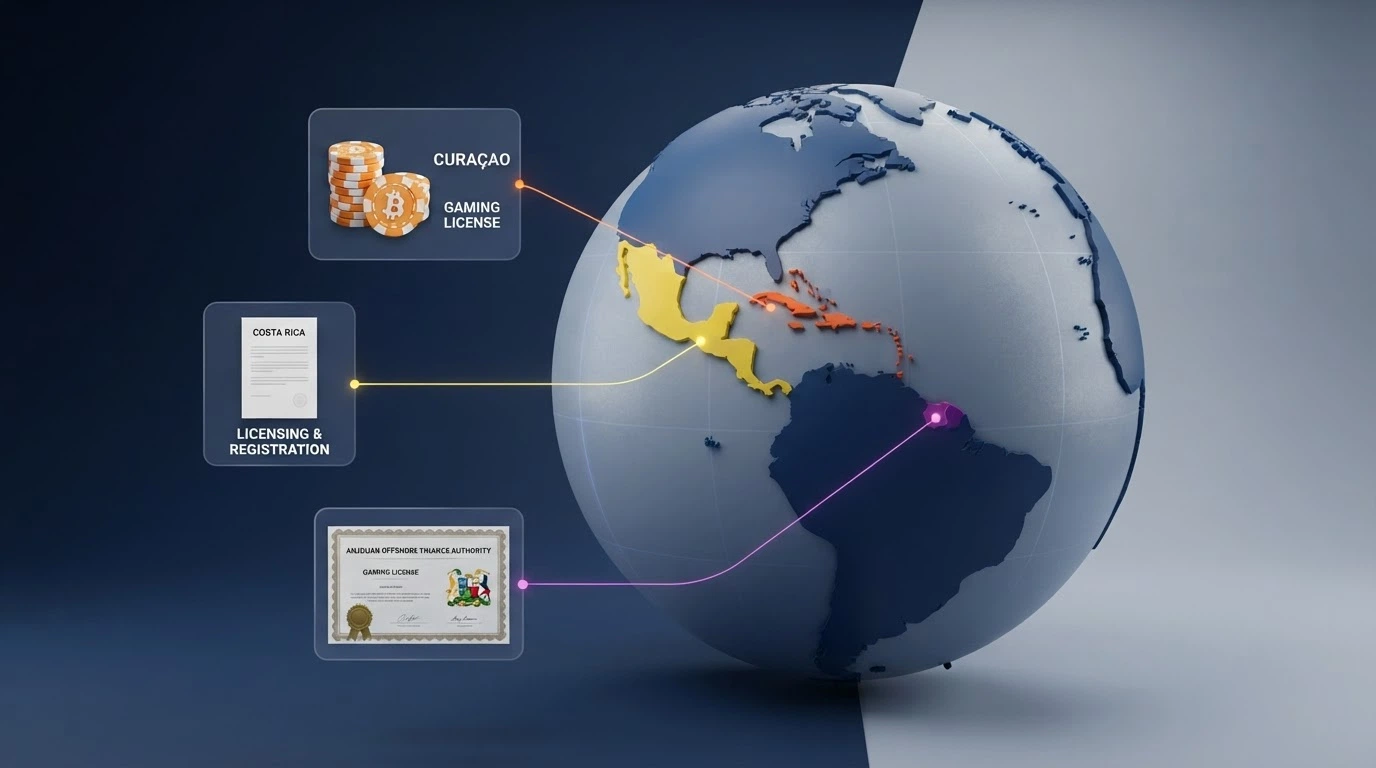 Mappa concettuale delle giurisdizioni di licenza dei crypto casino: Curaçao, Costa Rica, Anjouan