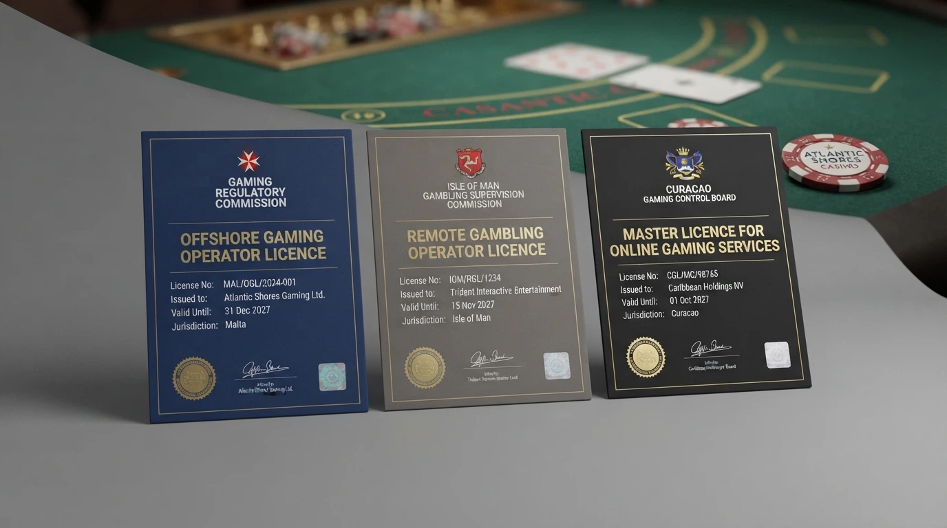 Tre certificati di licenza di giurisdizioni offshore (Curaçao, MGA, Gibilterra) affiancati in primo piano, con lo sfondo sfocato di un tavolo da gioco