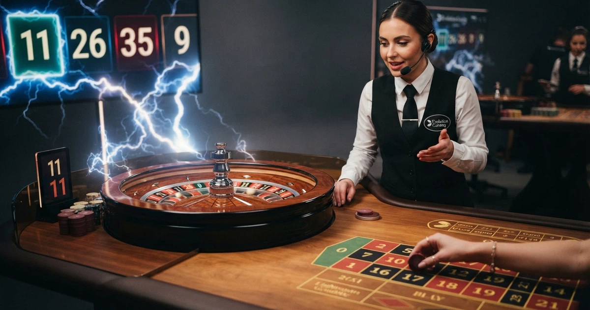 Un tavolo di Lightning Roulette con ruota europea illuminata da effetti elettrici e croupier inquadrato in primo piano durante l'annuncio dei numeri fortunati