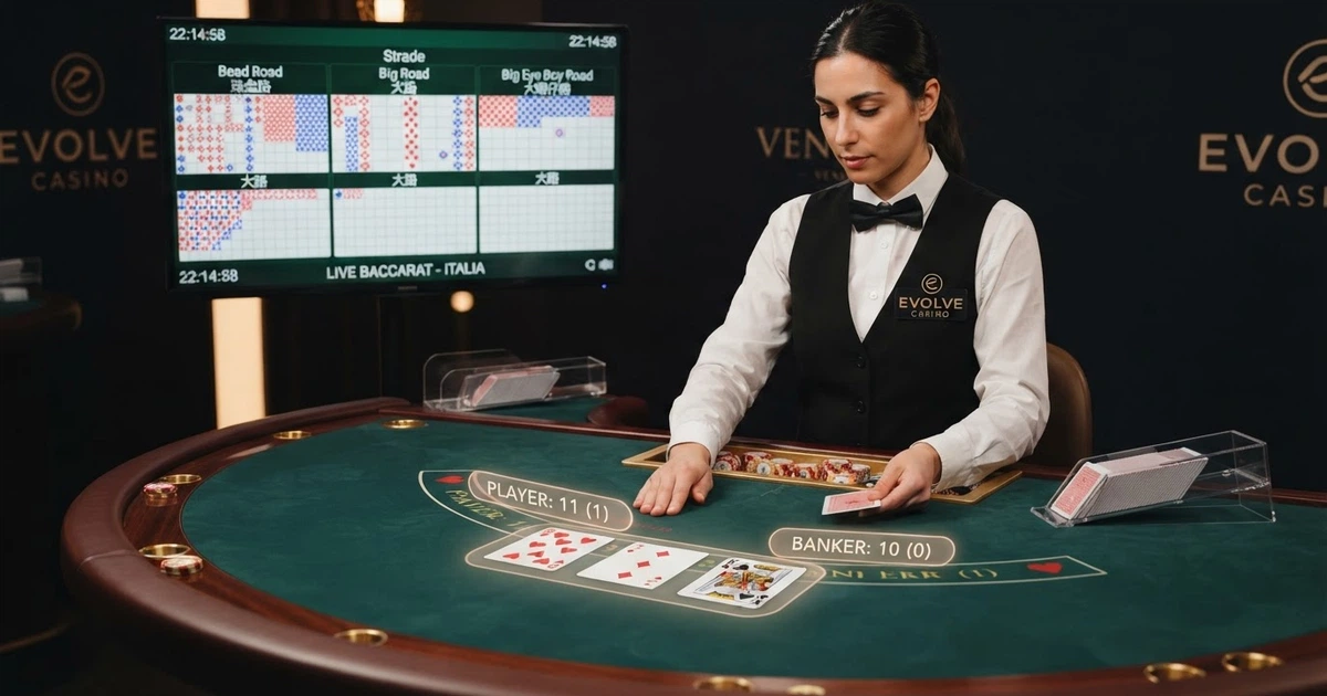 Un tavolo di baccarat live con croupier in primo piano, carte disposte sul panno verde e monitor con le strade sullo sfondo