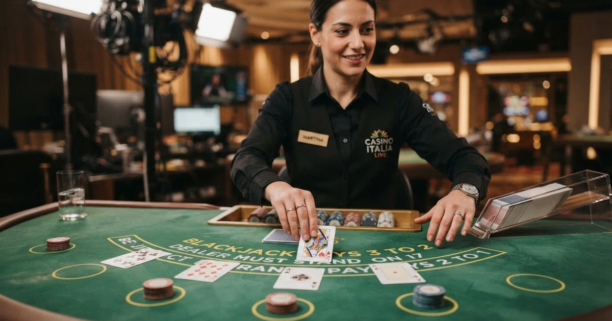 Un tavolo da blackjack live con croupier inquadrato in primo piano, carte sul panno verde e interfaccia di puntata visibile sullo schermo