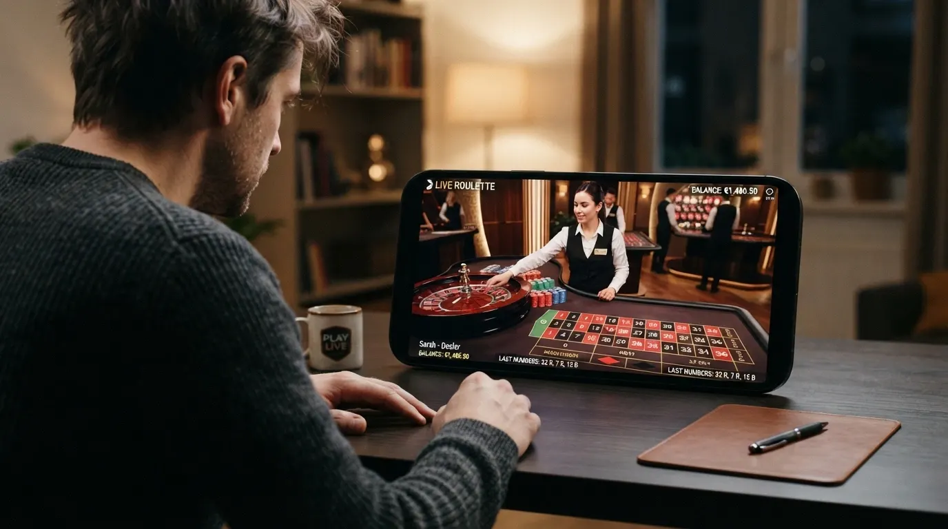 Tavolo di roulette con croupier dal vivo in studio, trasmesso in streaming su piattaforma di casinò online