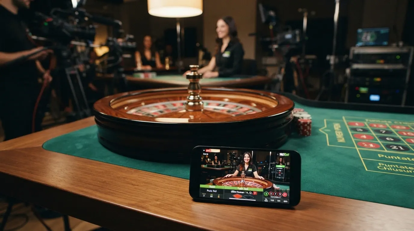 Primo piano del piatto di una roulette live NetEnt con il dettaglio delle puntate e le statistiche delle ultime mani sull'interfaccia