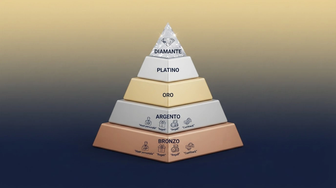 Un diagramma a piramide con livelli da Bronzo a Diamante, icone per host personale, regali e cashback che crescono a ogni gradino