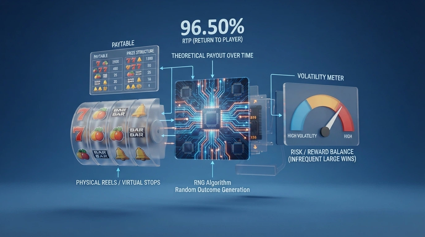 Un primo piano del pannello informativo di una slot online che mostra la tabella dei pagamenti, la percentuale RTP e il moltiplicatore massimo di vincita
