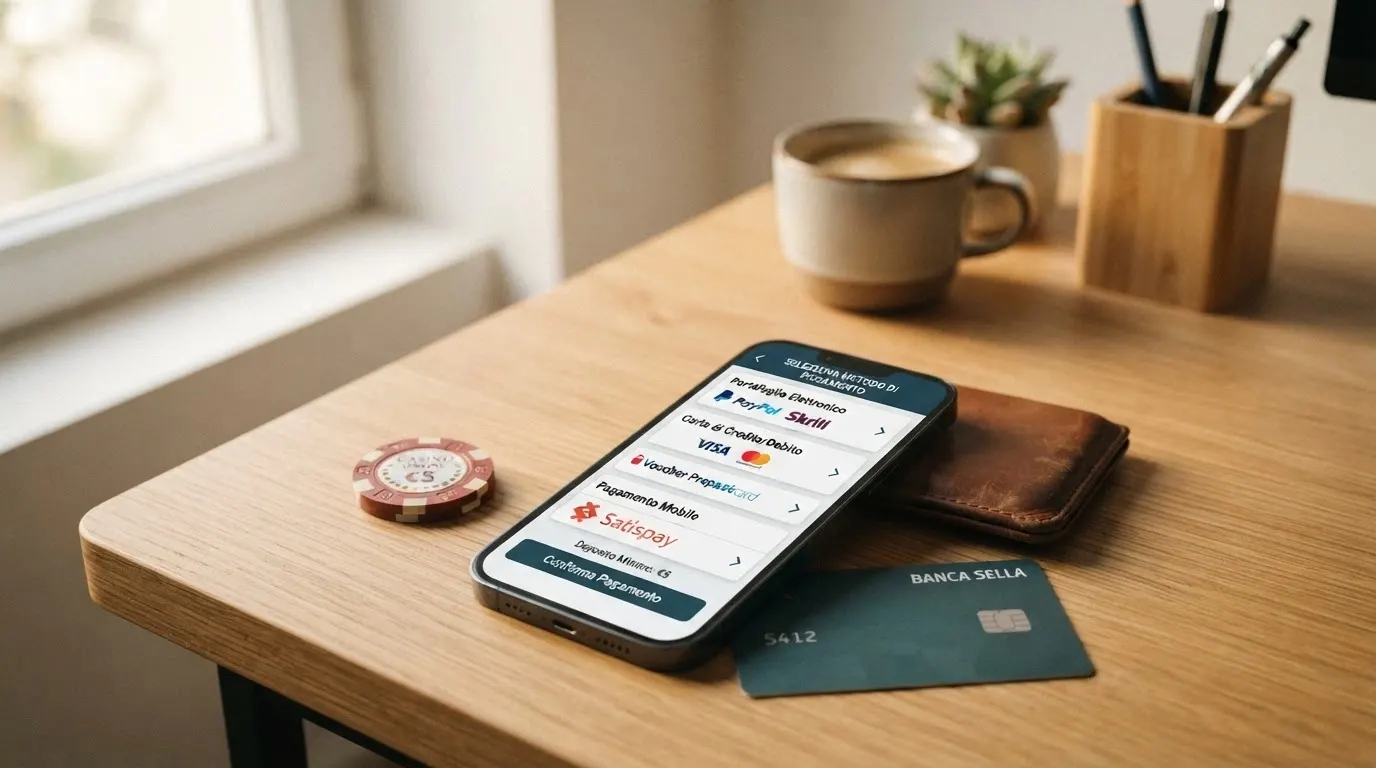 Uno smartphone con il display che mostra le icone di PayPal, Paysafecard, Postepay, Visa e Apple Pay disposte a ventaglio sopra una schermata di deposito