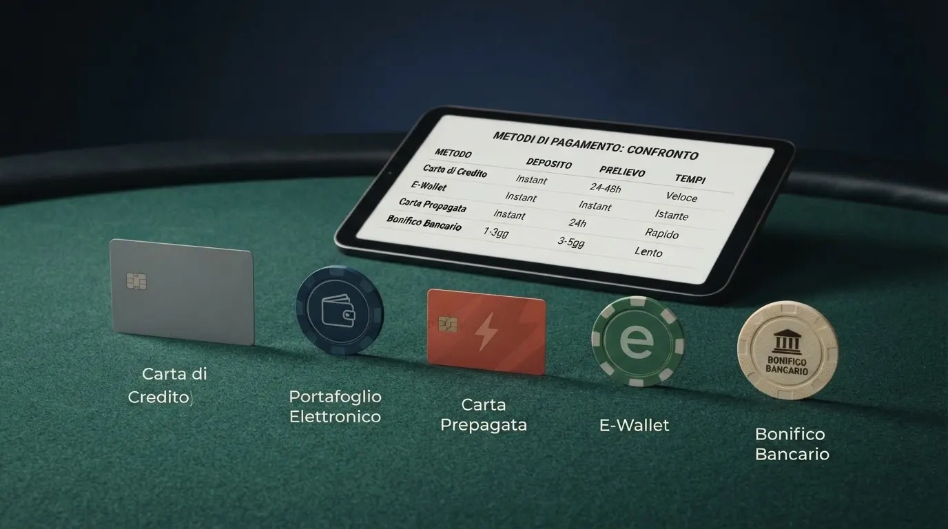 Un collage visivo che affianca le icone di ogni metodo di pagamento — carta di credito, portafoglio elettronico, carta prepagata, bonifico e smartphone — con una freccia che indica il flusso deposito → conto di gioco → prelievo